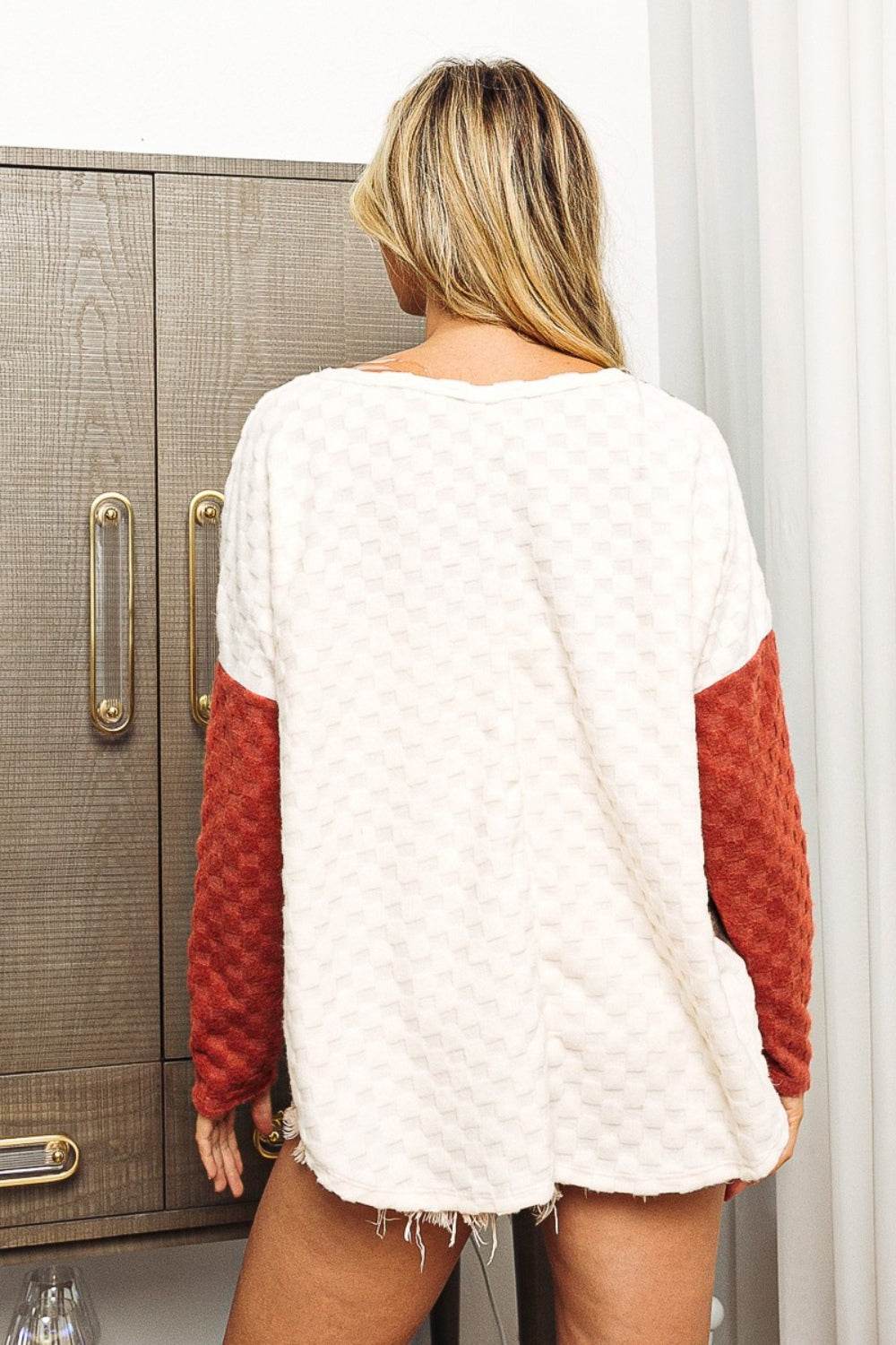 BiBi Color Block Brushed Checker Top - DaTrendStore.Com