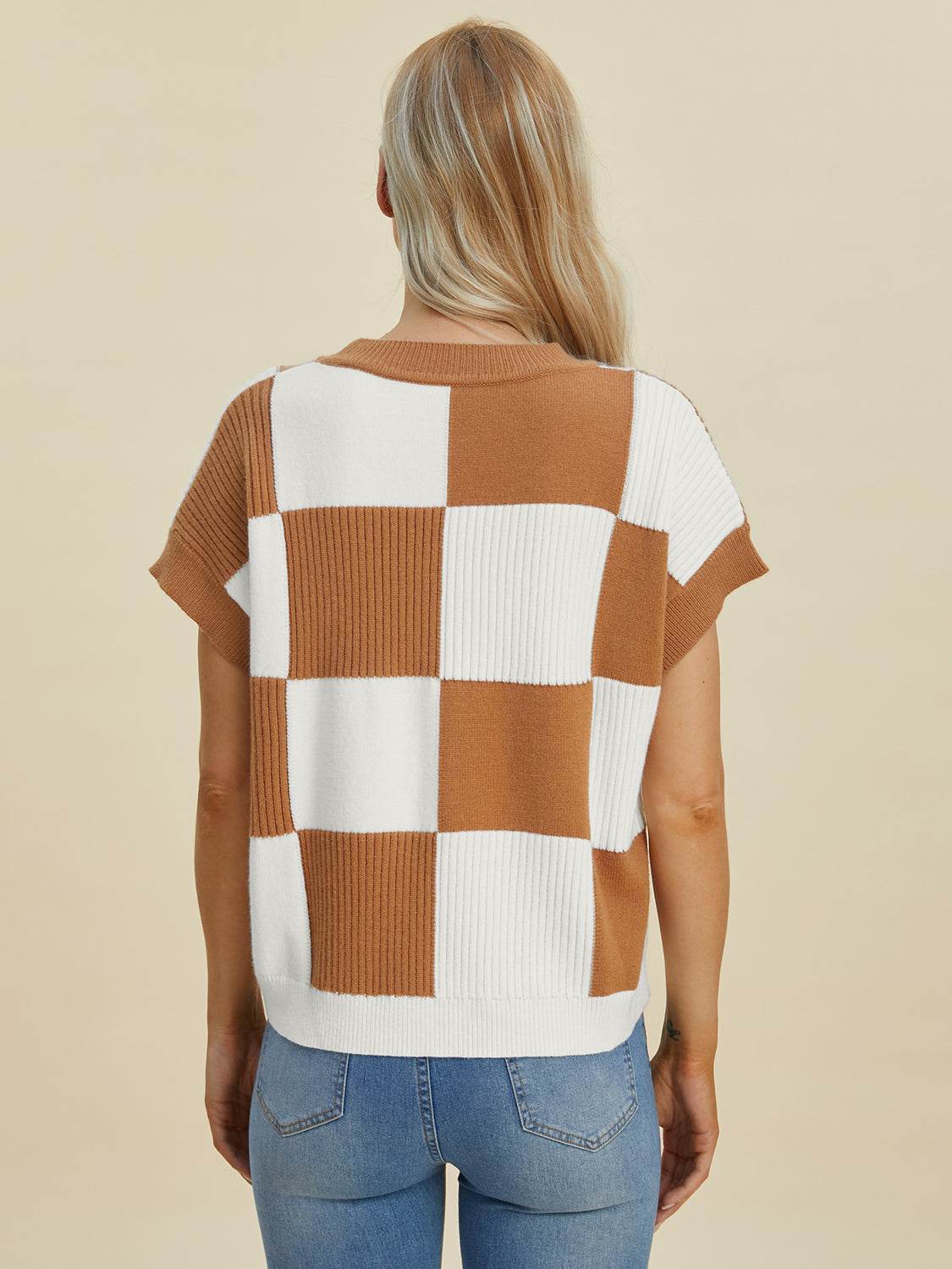 Double Take Full Size Checkered Round Neck Short Sleeve Sweater - DaTrendStore.Com