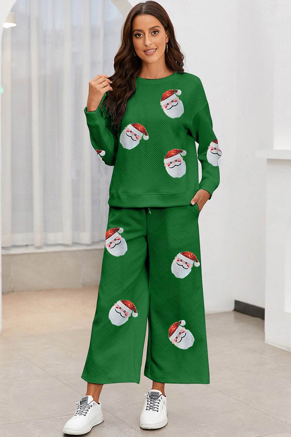 Santa Sequin Round Neck Top and Pants Set - DaTrendStore.Com