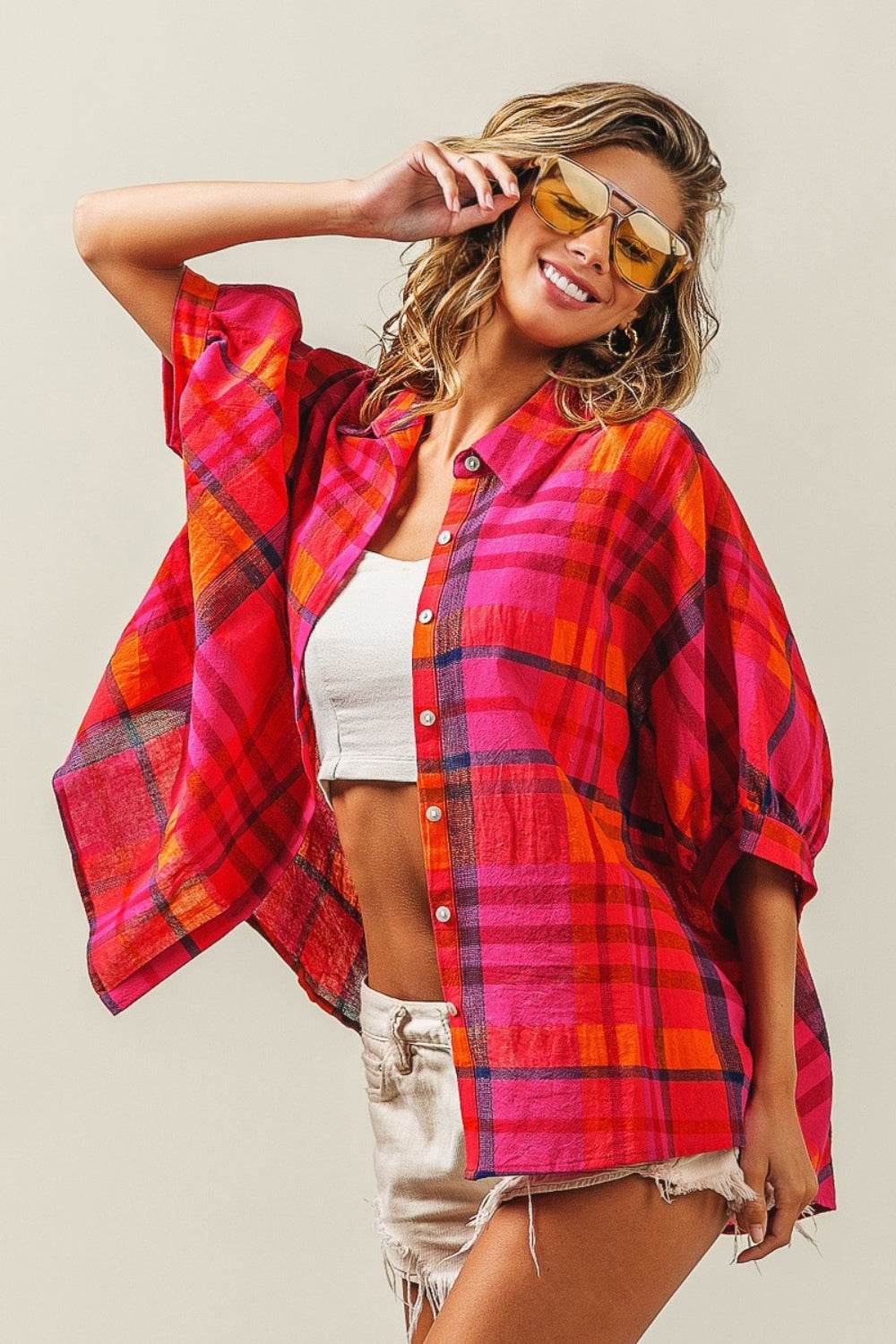 BiBi Button Up Dolman Sleeve Plaid Shirt - DaTrendStore.Com