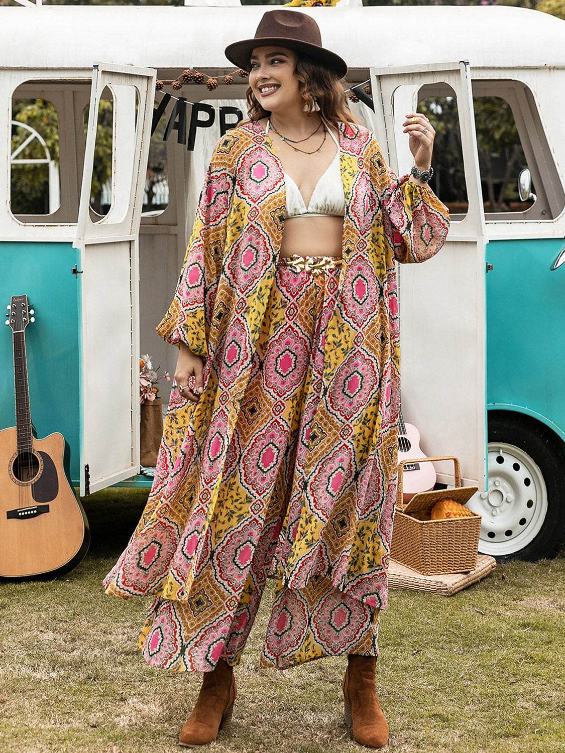 Plus Size Printed Open Front Cover Up and Pants Set - DaTrendStore.Com