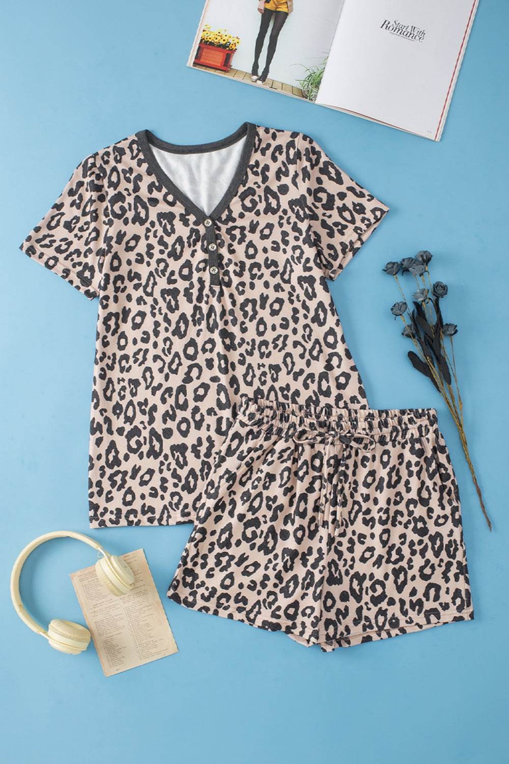 Leopard V-Neck Top and Shorts Set - DaTrendStore.Com