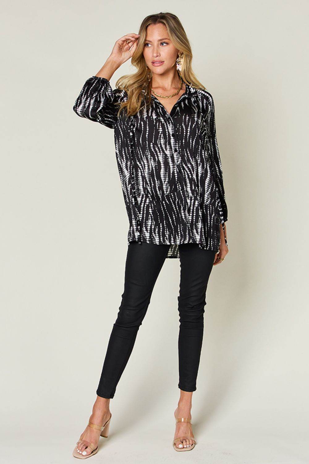 Double Take Full Size Printed Button Up Long Sleeve Shirt - DaTrendStore.Com
