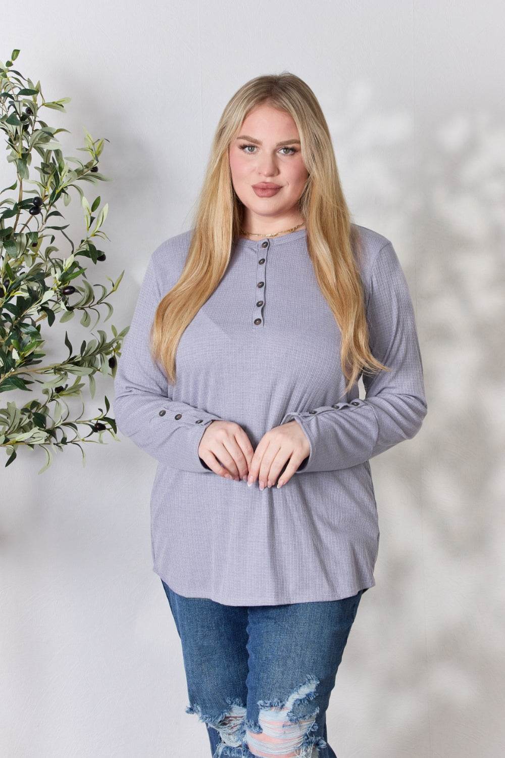 Heimish Full Size Texture Half Button Long Sleeve Top - DaTrendStore.Com
