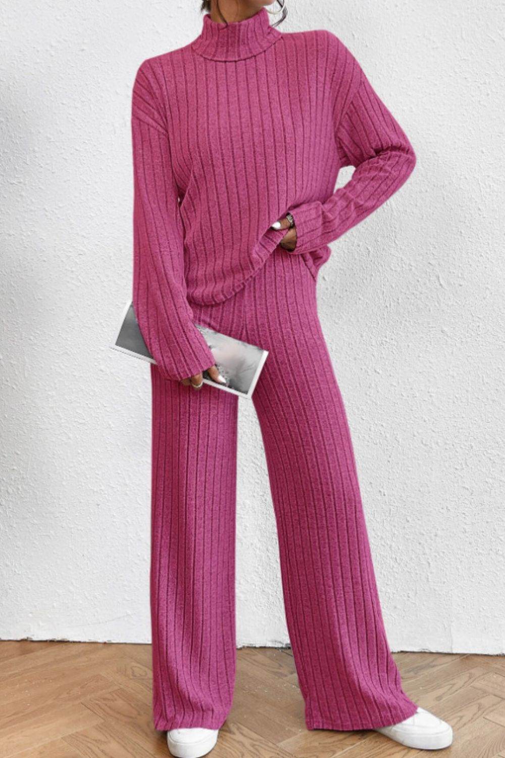Mock Neck Dropped Shoulder Top and Pants Set - DaTrendStore.Com