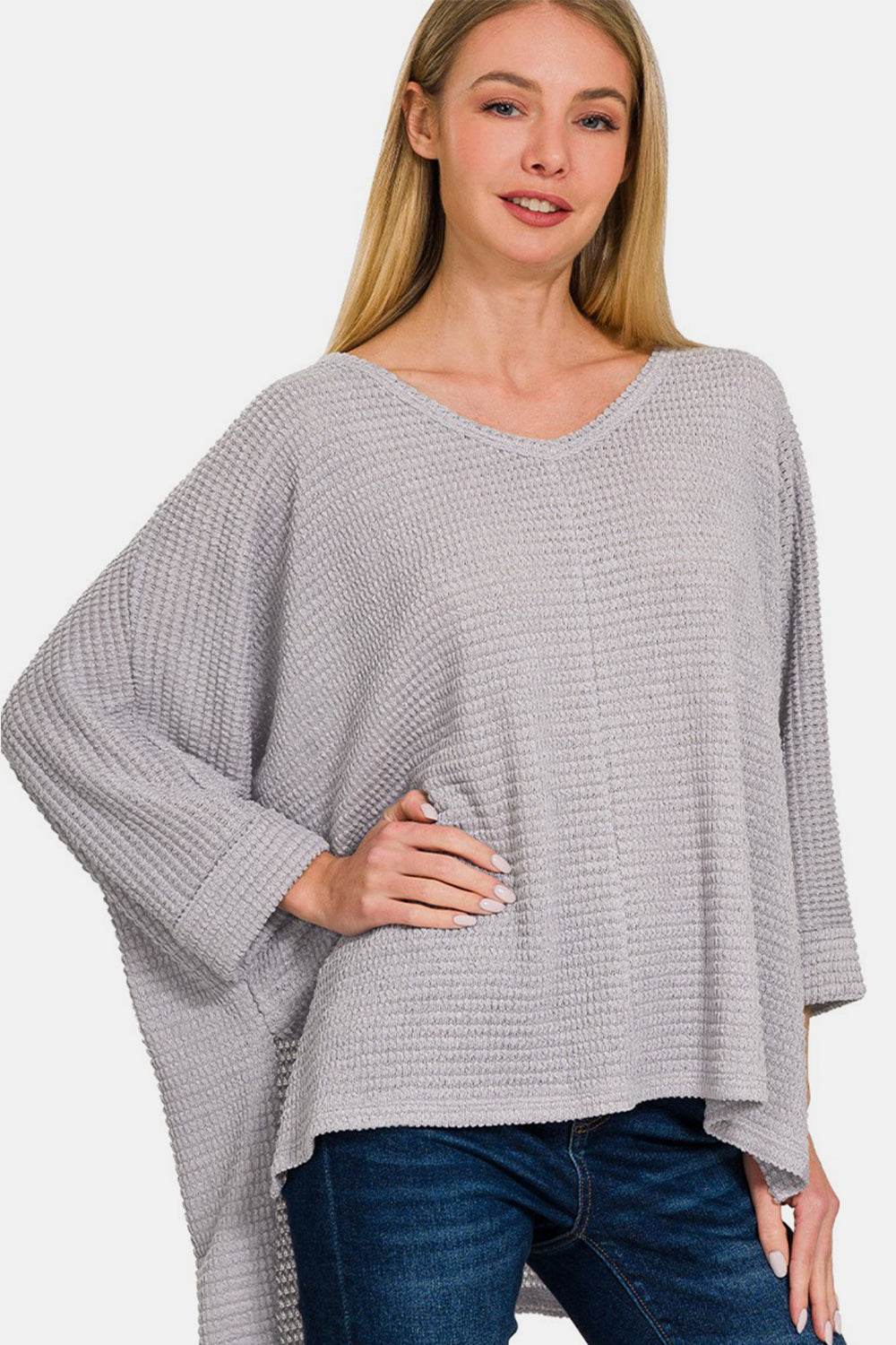Zenana Waffle Knit V-Neck Long Sleeve Slit Top - DaTrendStore.Com