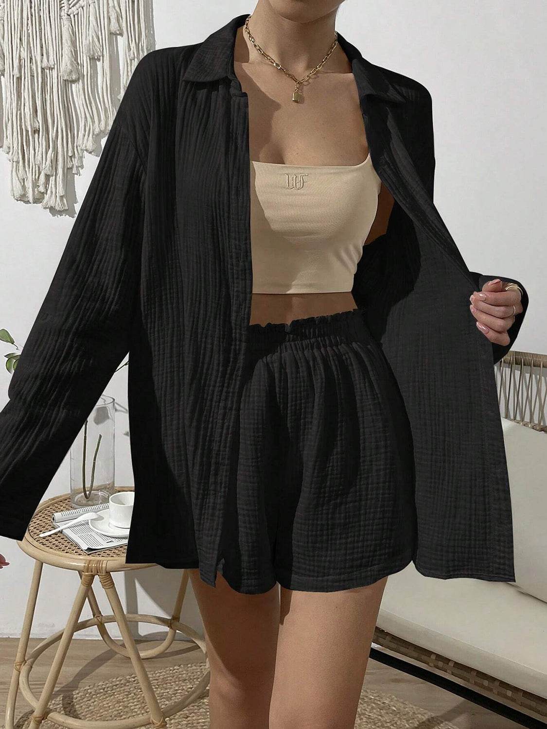Dropped Shoulder Button Up Top and Elastic Waist Shorts Set - DaTrendStore.Com