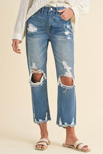 Annie Wear Distressed Raw Hem Cropped Jeans - DaTrendStore.Com