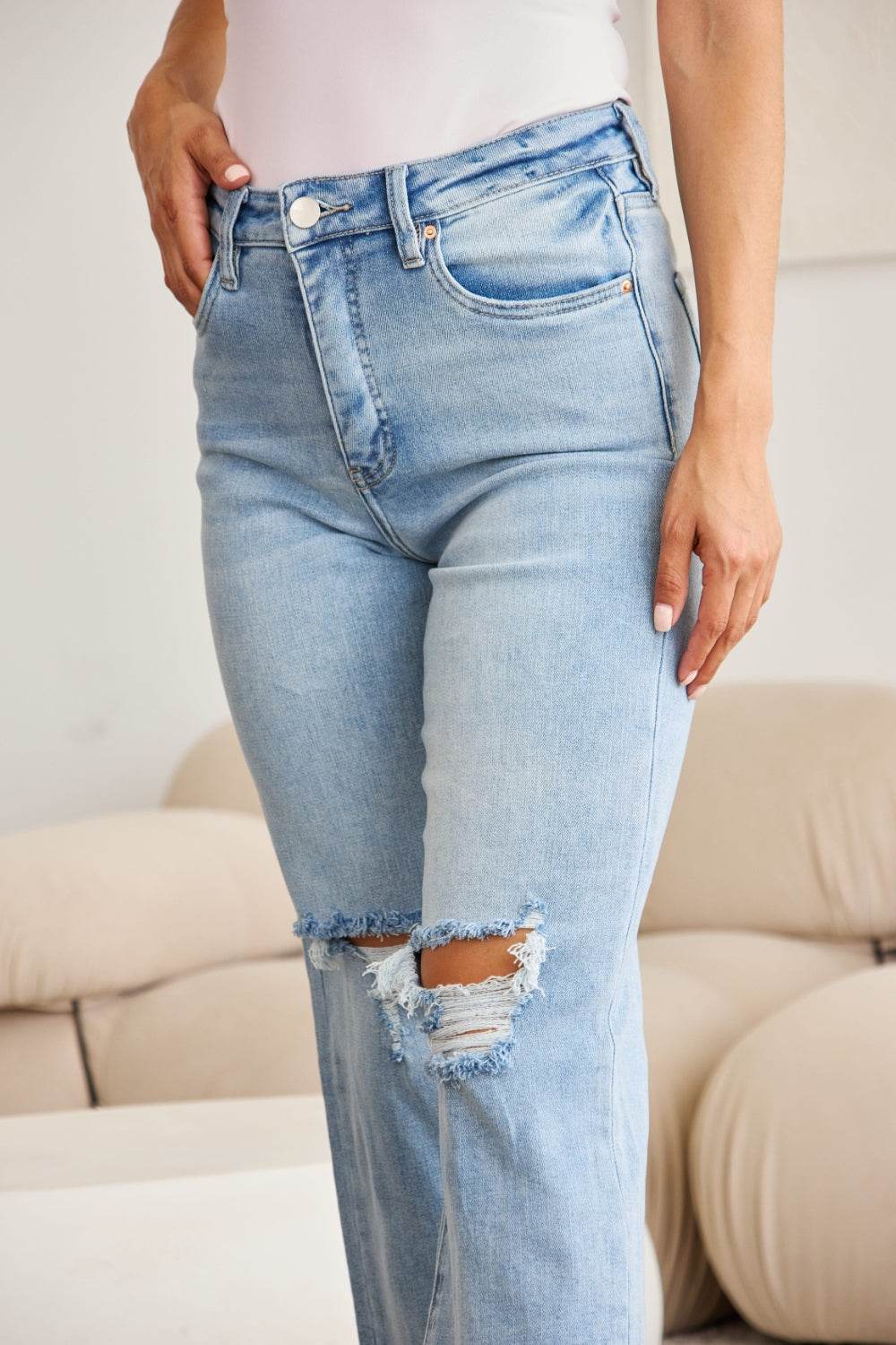 RFM Full Size Tummy Control High Waist Raw Hem Distressed Jeans - DaTrendStore.Com