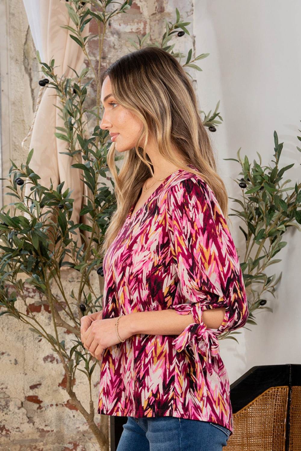 Sew In Love Full Size Printed V-Neck Blouse with Sleeve Knot - DaTrendStore.Com