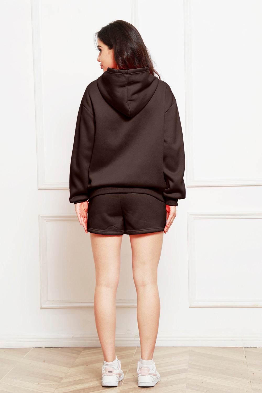 Drop Shoulder Long Sleeve Hoodie and Shorts Set - DaTrendStore.Com