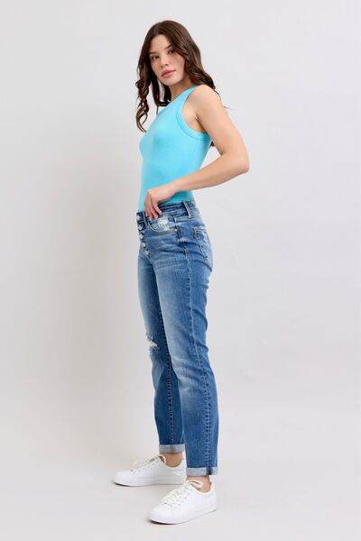 Judy Blue Full Size Button Fly Distressed Jeans with Pockets Plus Size - DaTrendStore.Com