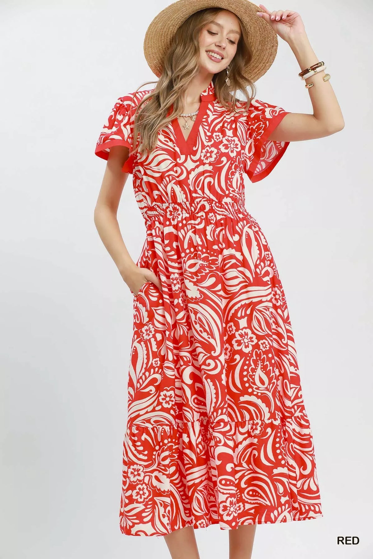 Umgee Paisley Print Midi Dress with Side Pockets - Red