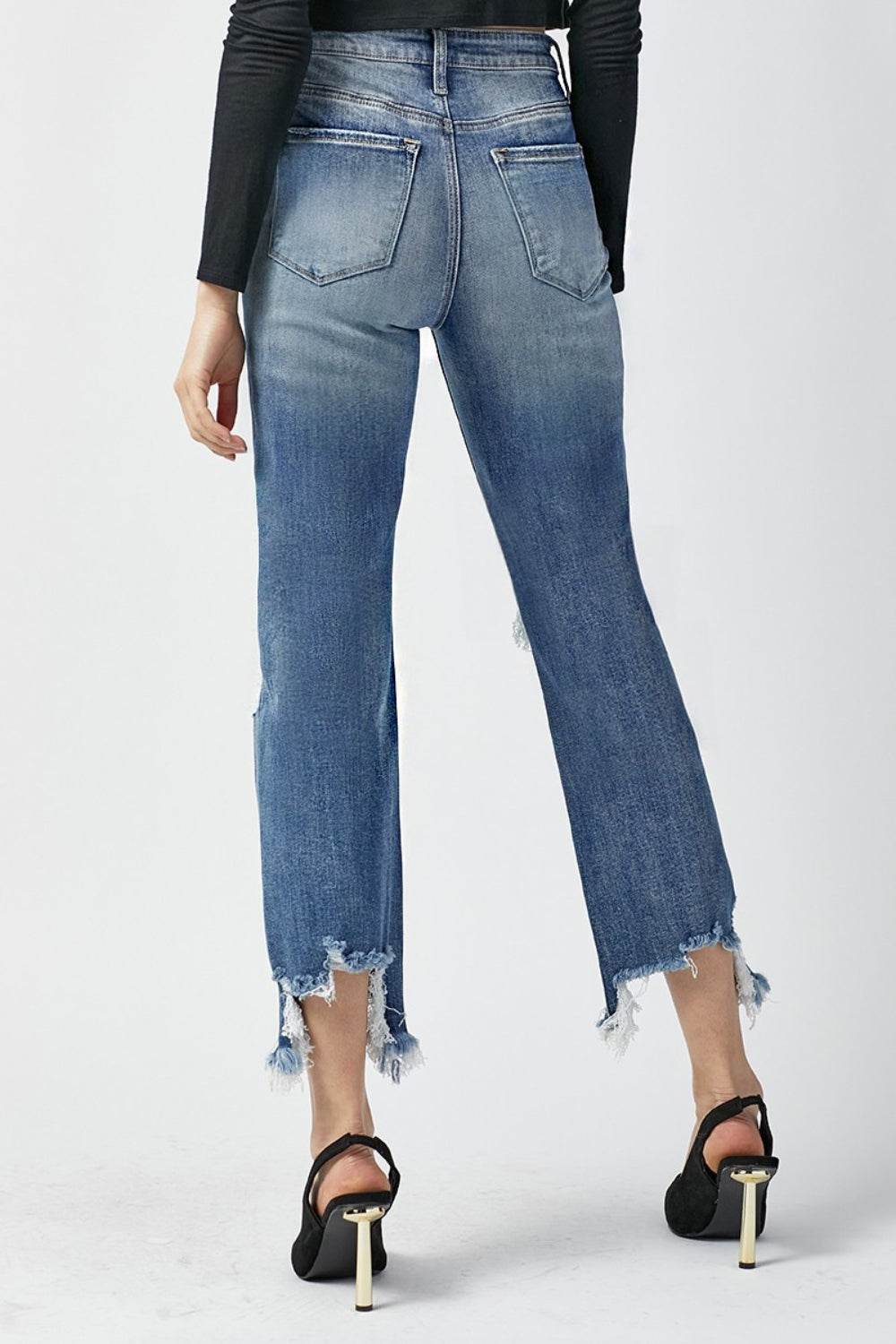 RISEN High Waist Distressed Frayed Hem Cropped Straight Jeans - DaTrendStore.Com