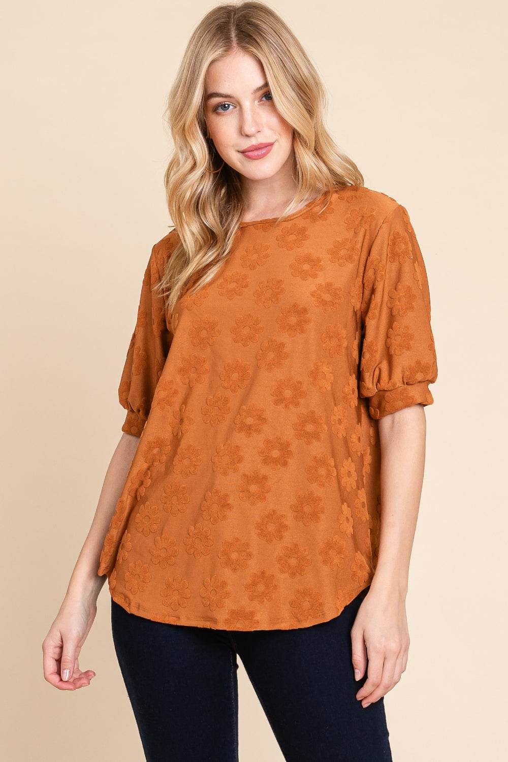BOMBOM Textured Floral Pattern Top - DaTrendStore.Com