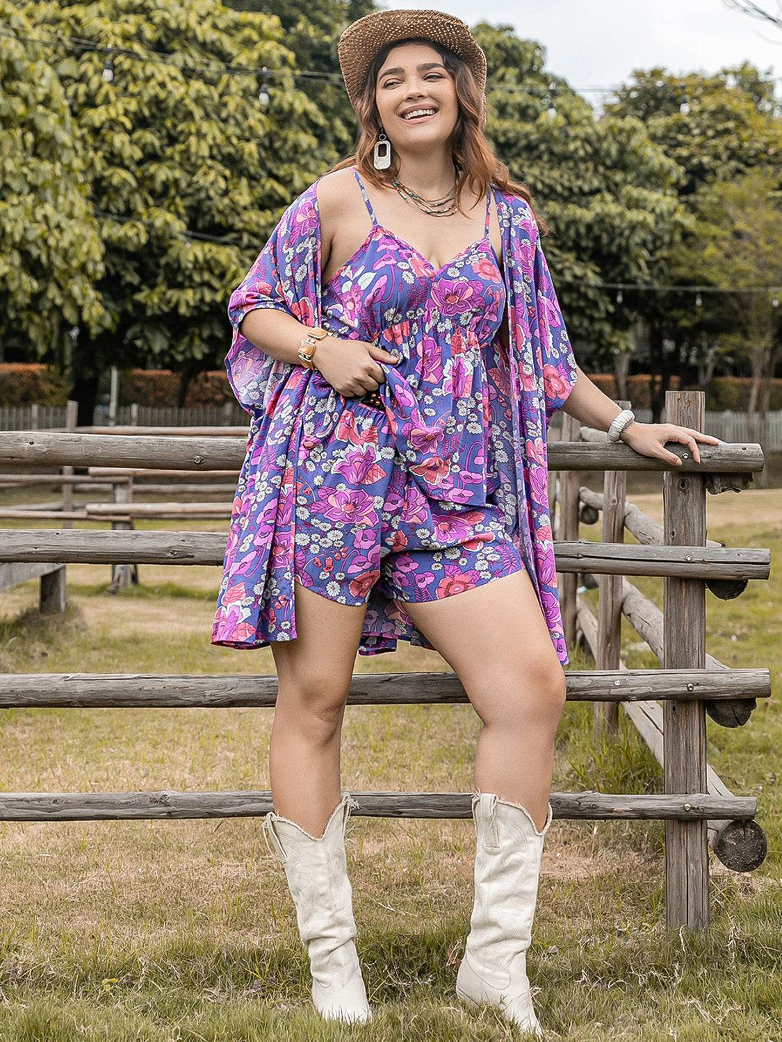 Plus Size Printed Cami, Open Front Cover Up and Shorts Set - DaTrendStore.Com