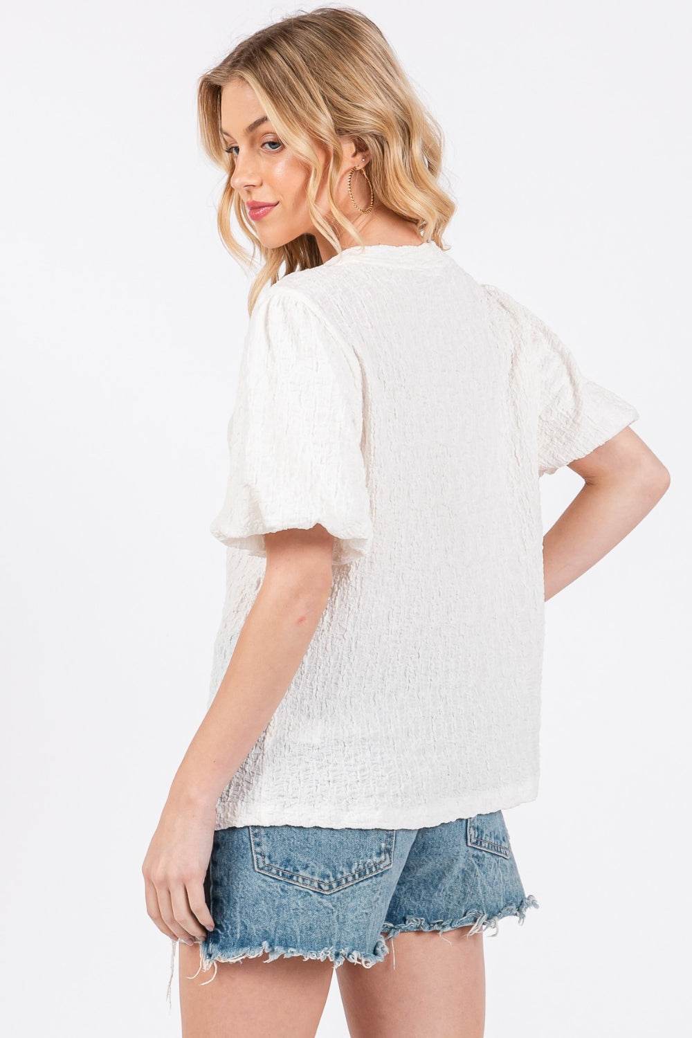 Ces Femme Textured Puff Sleeve Top - DaTrendStore.Com