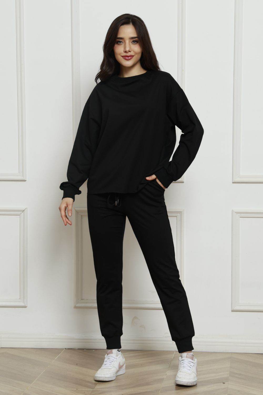 Round Neck Long Sleeve Top and Drawstring Pants Set - DaTrendStore.Com