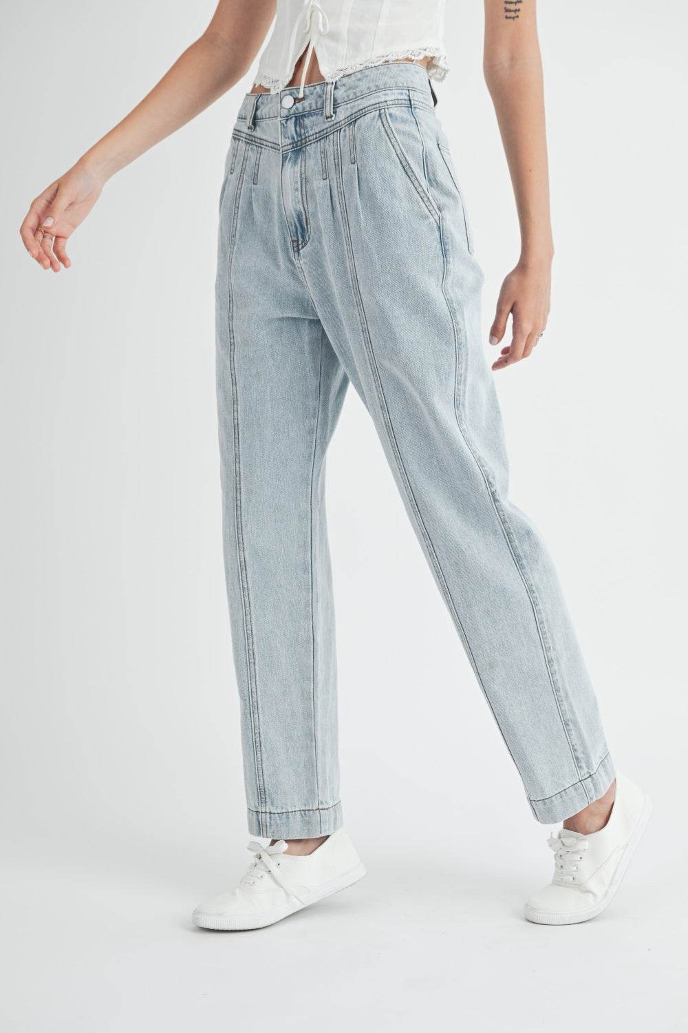 MABLE Pleated Front Detail Straight Jeans - DaTrendStore.Com
