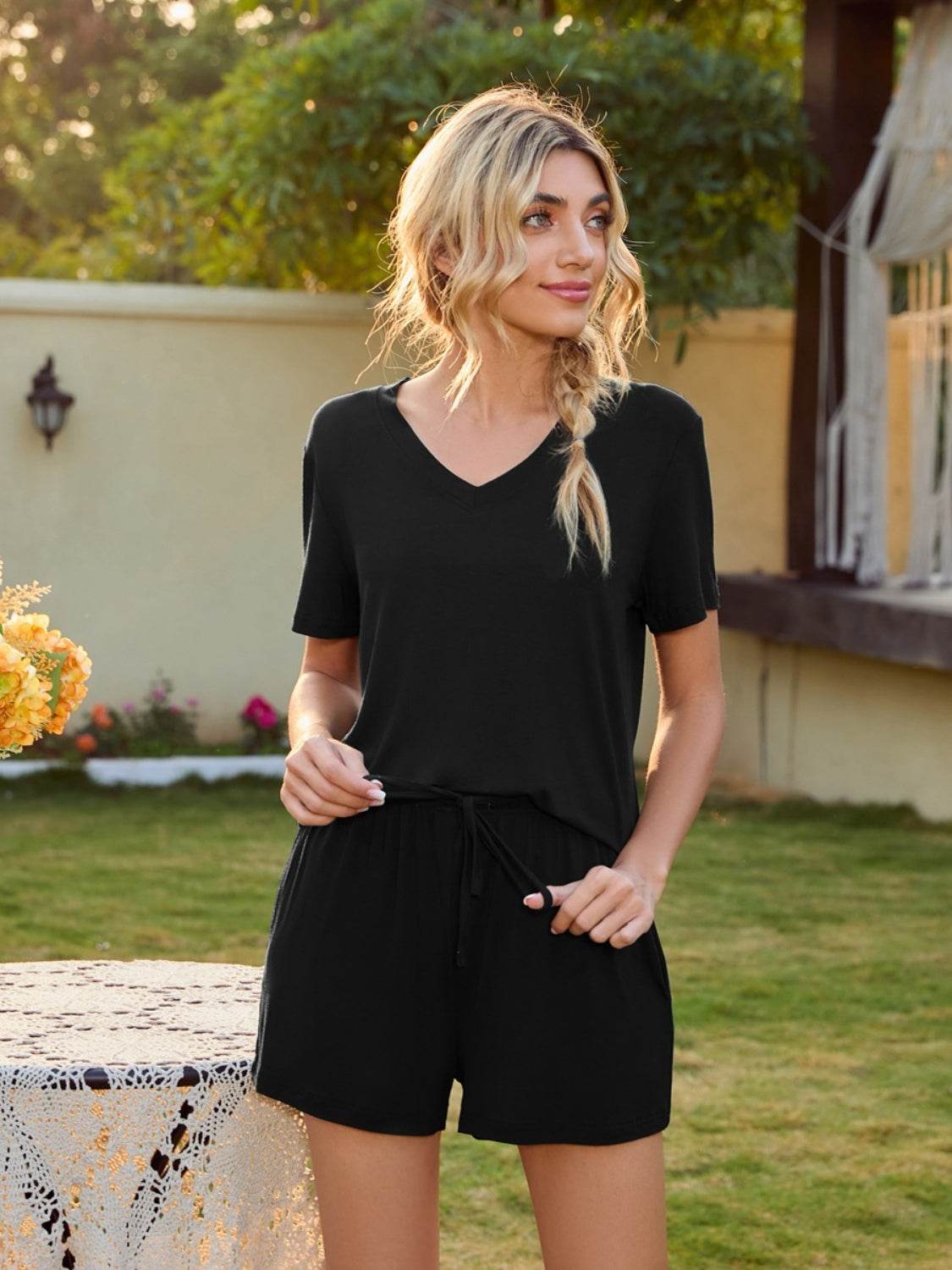 V-Neck Short Sleeve Top and Pocketed Shorts Lounge Set - DaTrendStore.Com