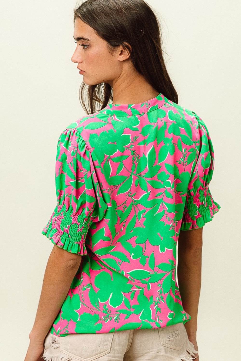 BiBi Smocked Cuff Floral Contrast Top - DaTrendStore.Com