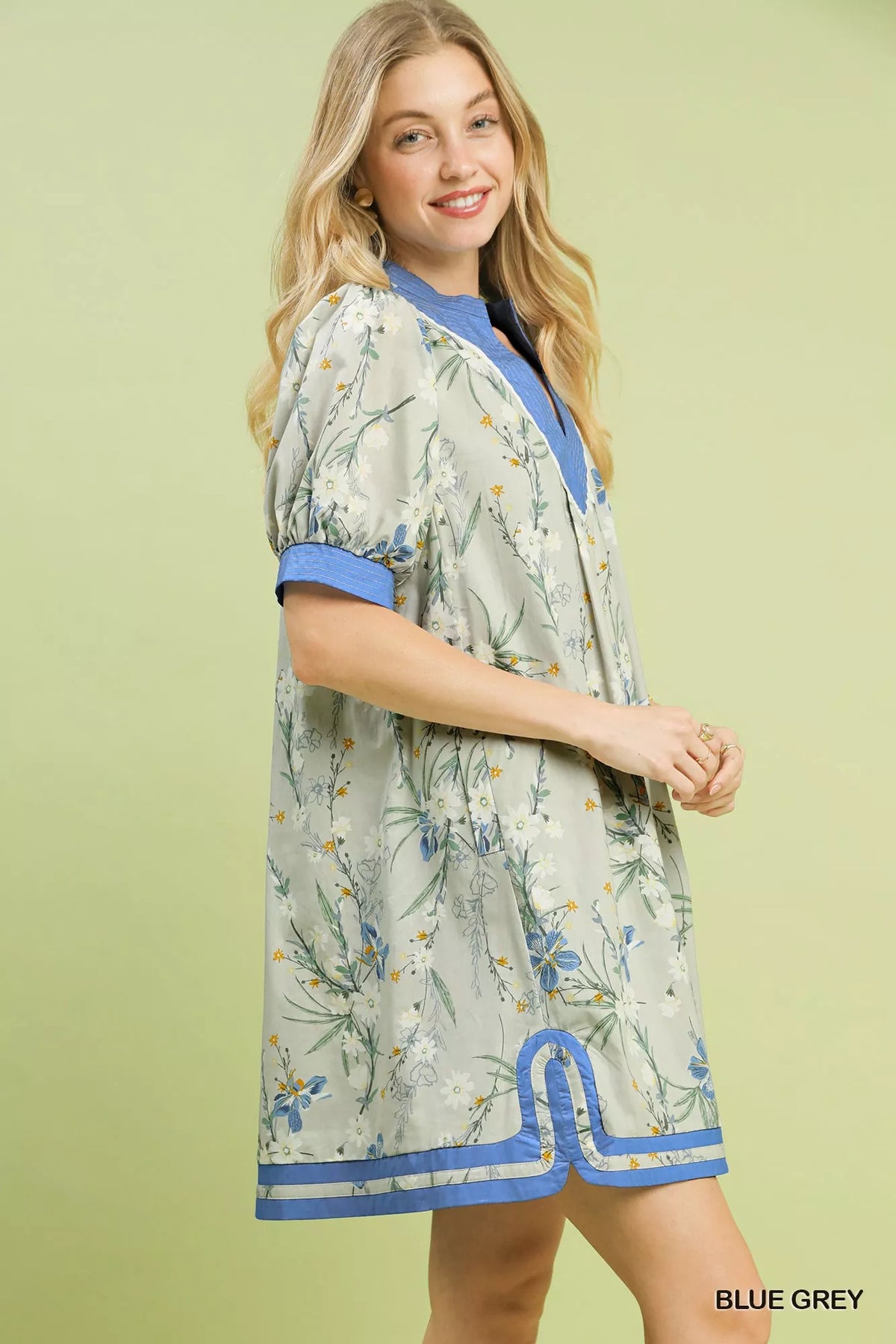 Umgee Floral Puff Sleeve Dress with Contrast Trim - Blue Grey