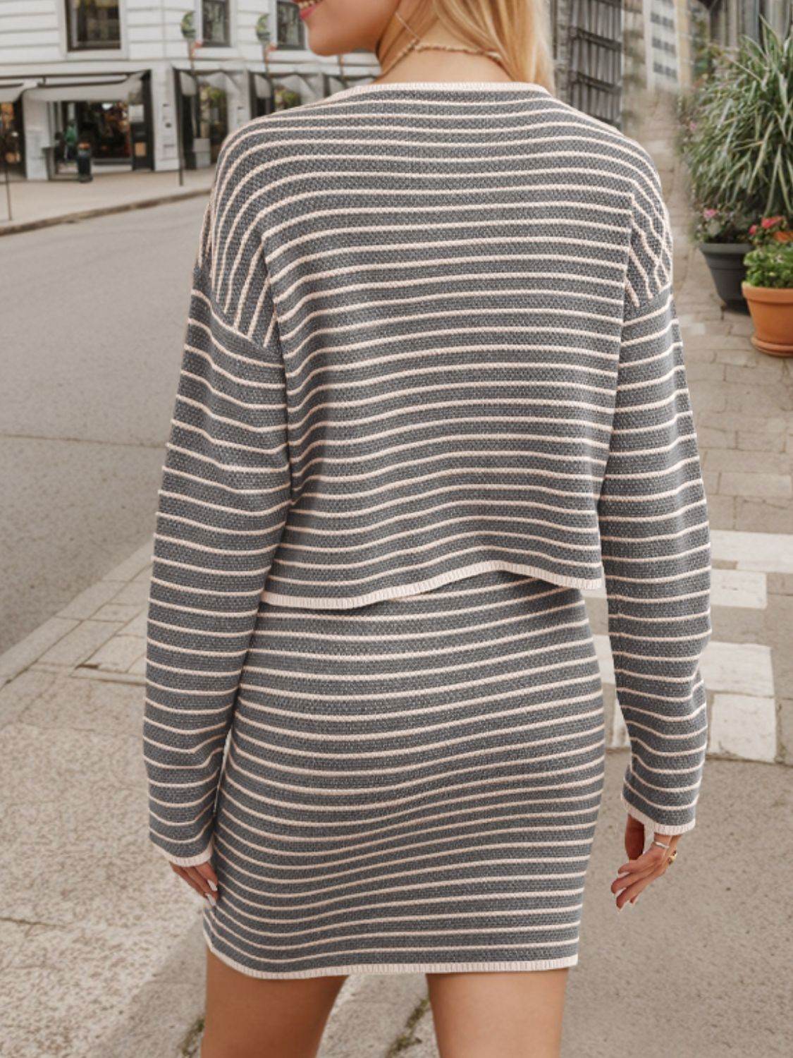 Striped Long Sleeve Top and Skirt Set - DaTrendStore.Com