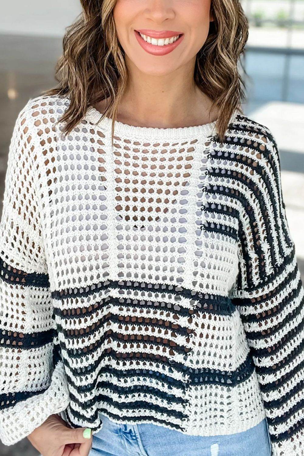 Contrast Striped Crochet Long Sleeve Knit Cover Up - DaTrendStore.Com