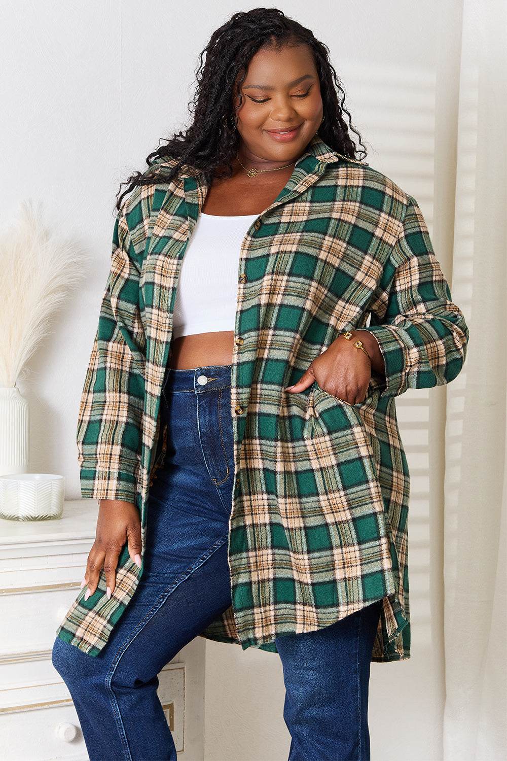 Mandy Plaid Collared Neck Long Sleeve Shirt - DaTrendStore.Com