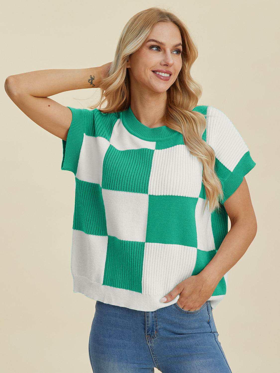 Double Take Full Size Checkered Round Neck Short Sleeve Sweater - DaTrendStore.Com