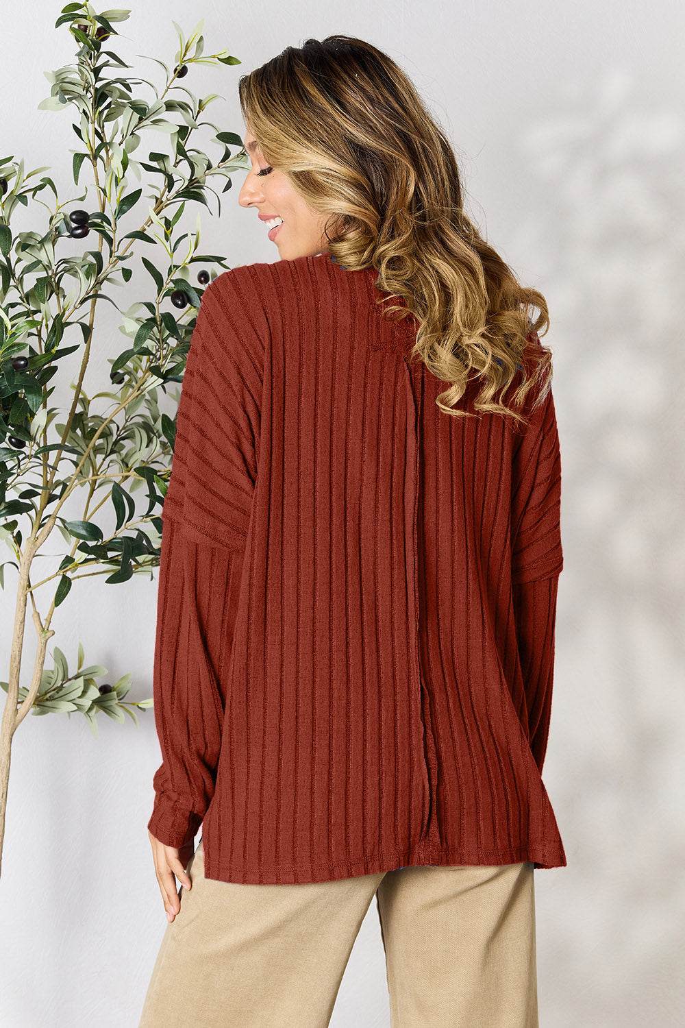 Basic Bae Full Size Ribbed Round Neck Slit Knit Top - DaTrendStore.Com