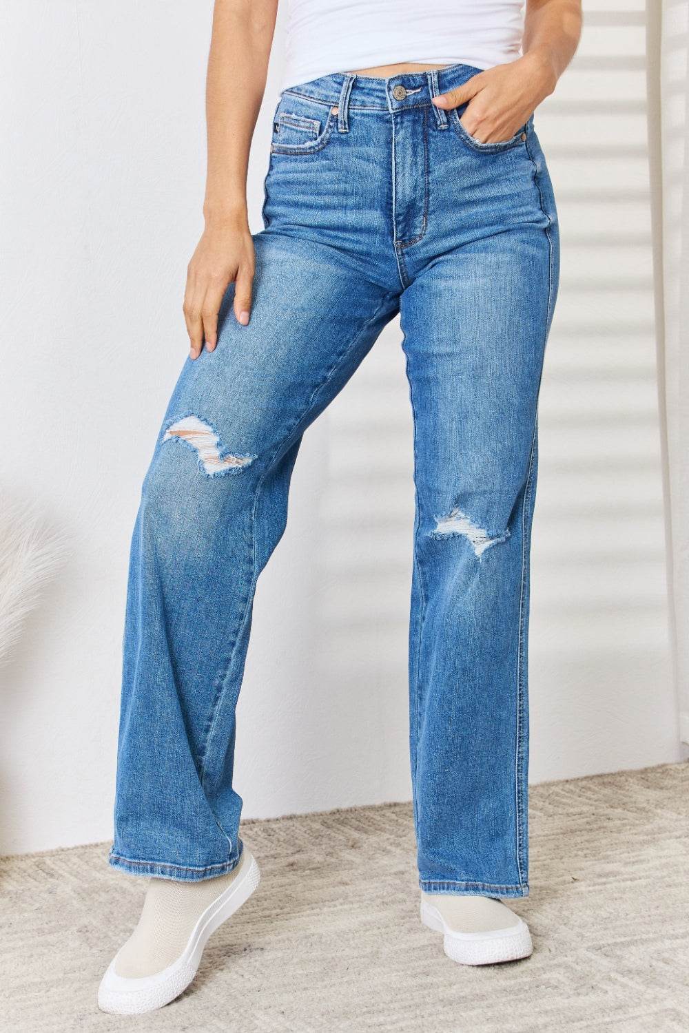 Judy Blue Full Size High Waist Distressed Straight-Leg Jeans - DaTrendStore.Com