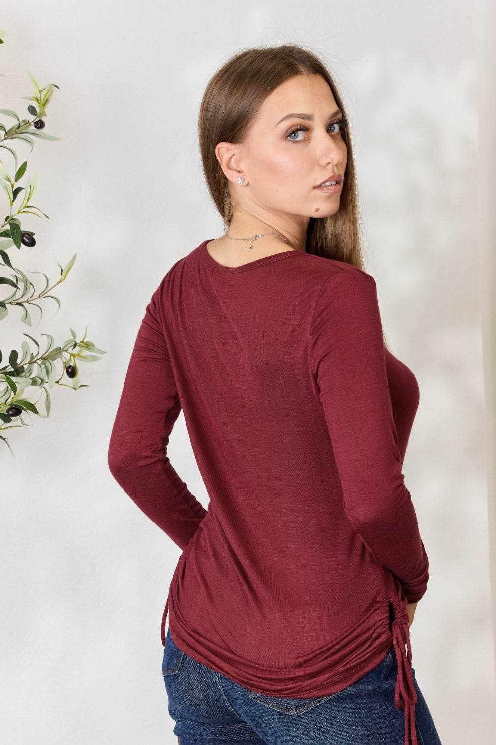 Culture Code Full Size Drawstring Round Neck Long Sleeve Top - DaTrendStore.Com