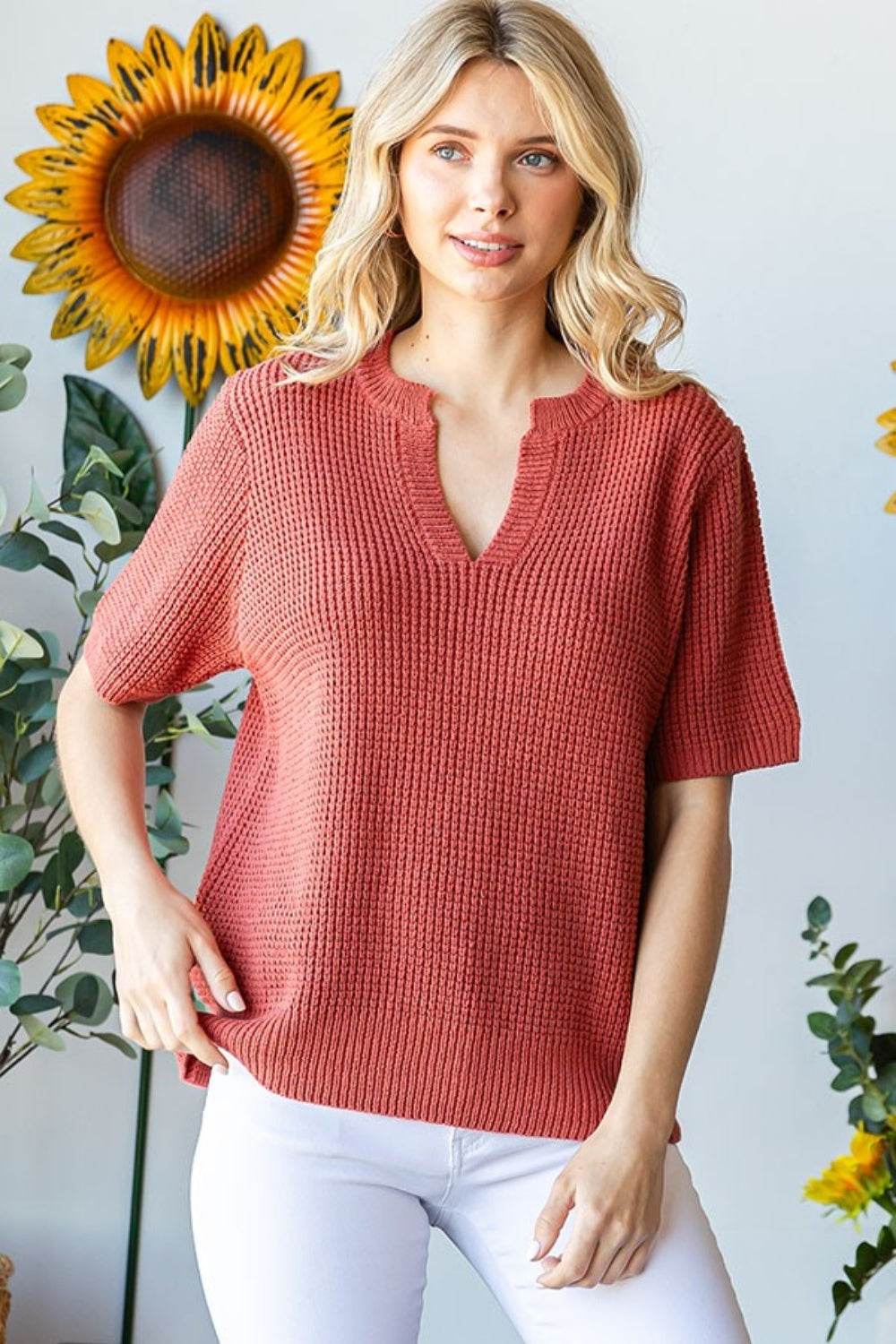 First Love Notched Short Sleeve Knit Top - DaTrendStore.Com