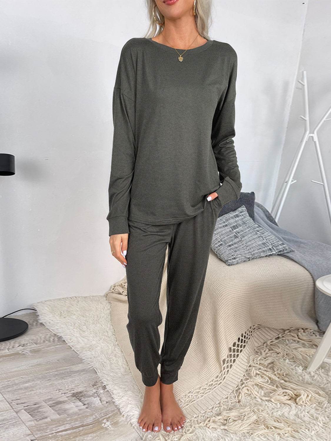 Shiny Round Neck Top and Drawstring Pants Lounge Set - DaTrendStore.Com
