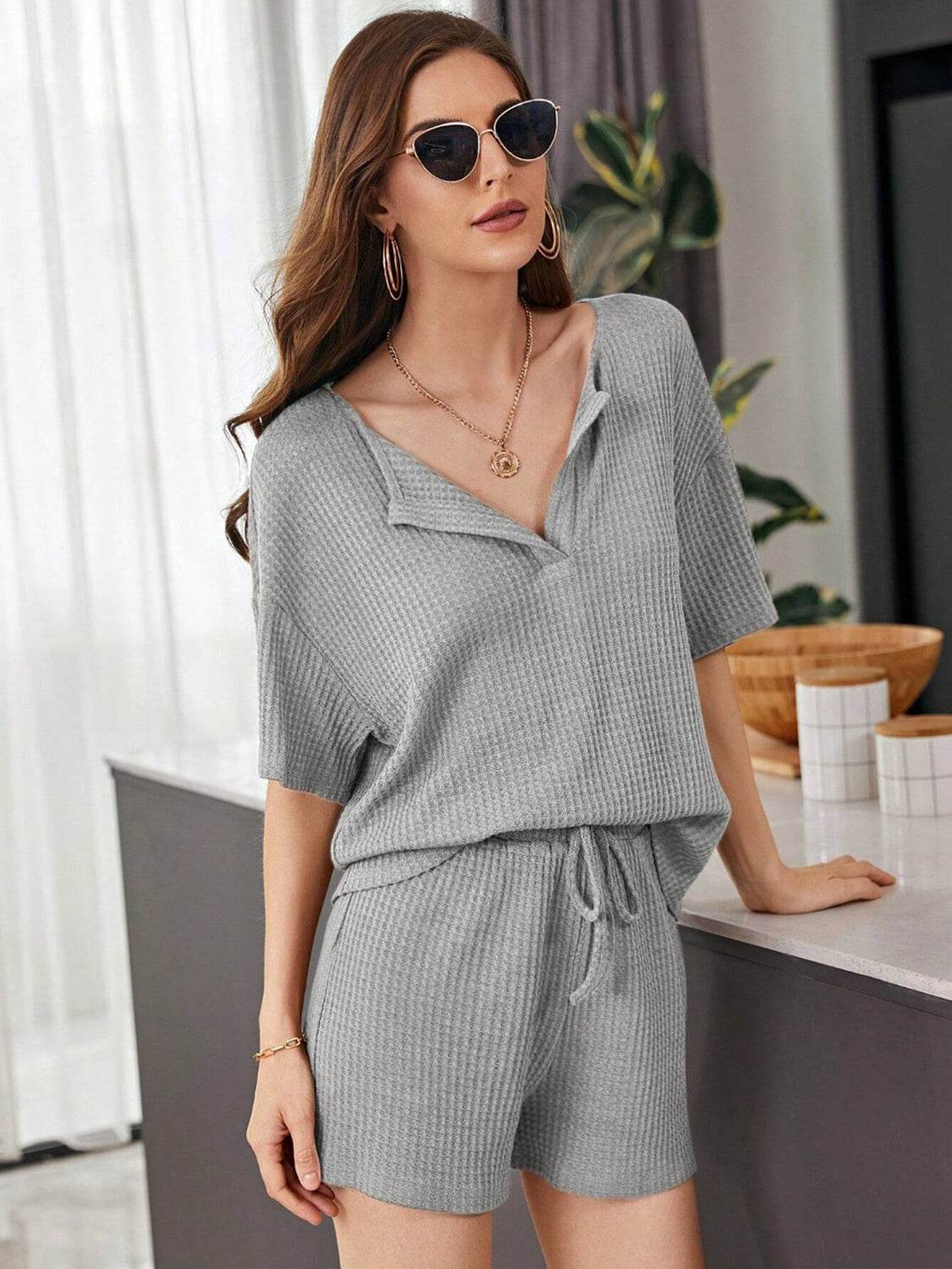 Full Size Waffle-Knit Dropped Shoulder Top and Shorts Set - DaTrendStore.Com