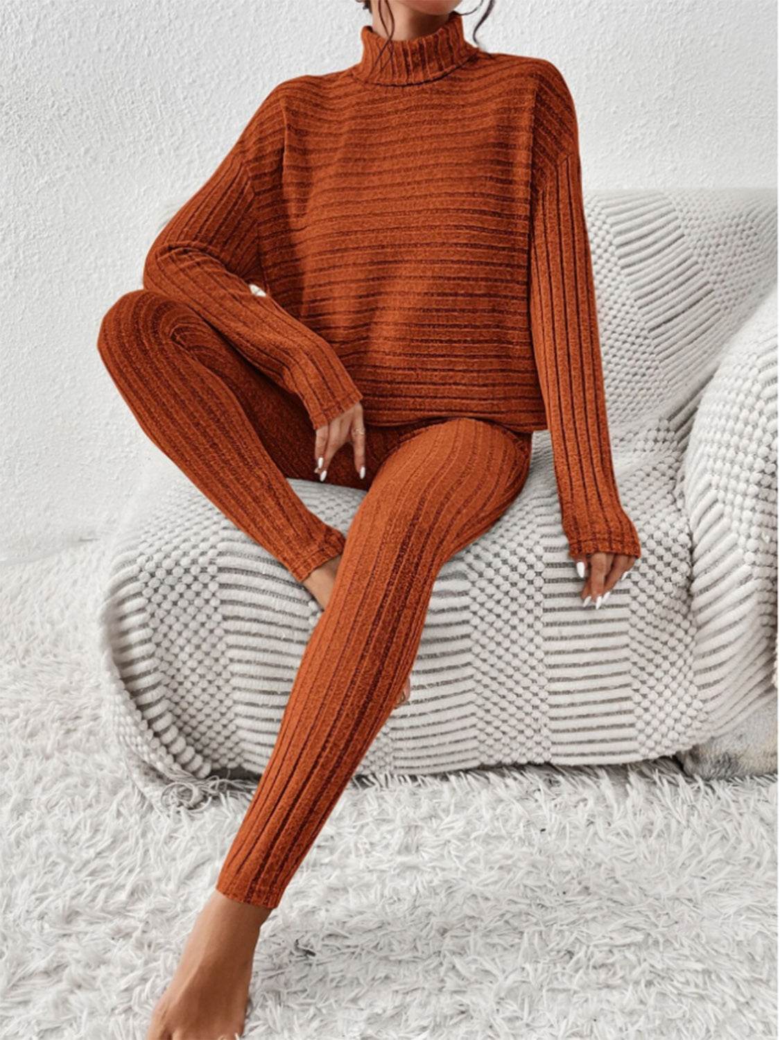 Ribbed Turtleneck Top and Pants Set - DaTrendStore.Com