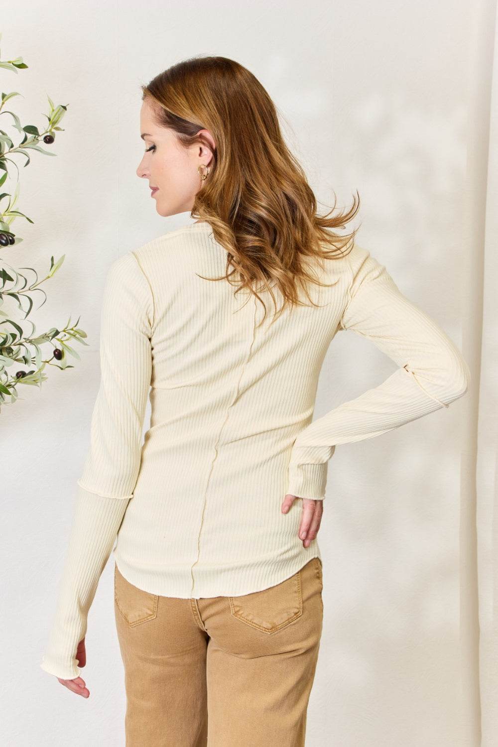 Culture Code Full Size Ribbed Round Neck Long Sleeve Top - DaTrendStore.Com