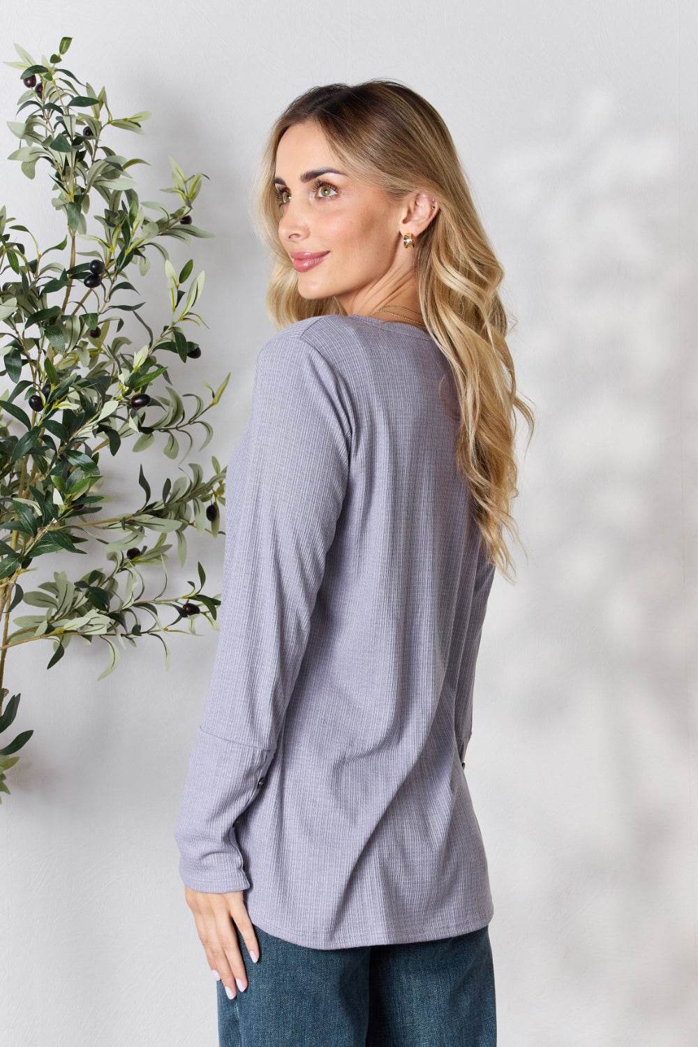 Heimish Full Size Texture Half Button Long Sleeve Top - DaTrendStore.Com