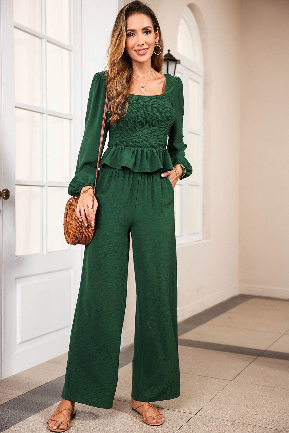 Smocked Square Neck Top and Pants Set - DaTrendStore.Com
