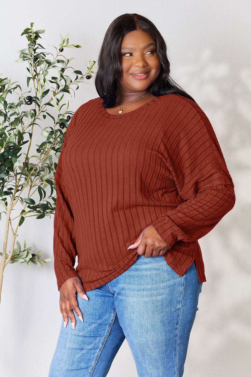 Basic Bae Full Size Ribbed Round Neck Slit Knit Top - DaTrendStore.Com