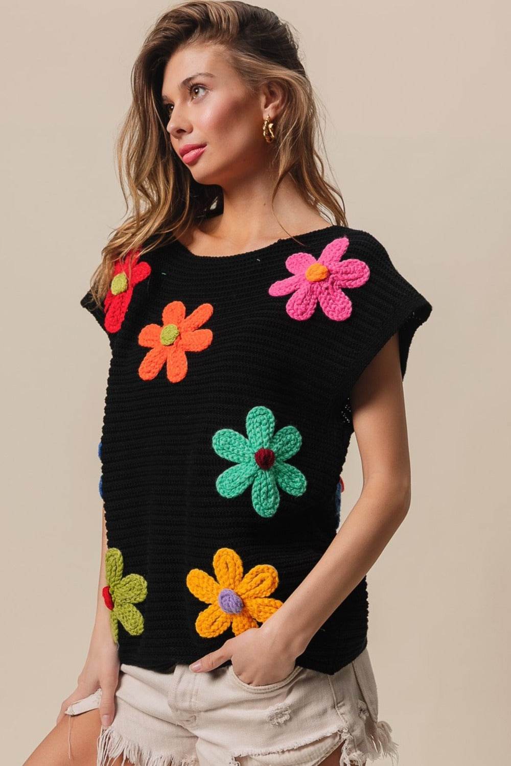 BiBi Flower Round Neck Cap Sleeve Knit Top - DaTrendStore.Com