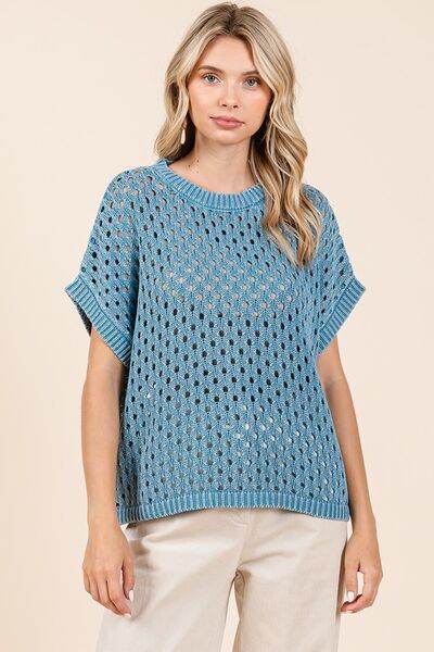 Mittoshop Mineral Wash Openwork Short Sleeve Knit Cover Up - DaTrendStore.Com