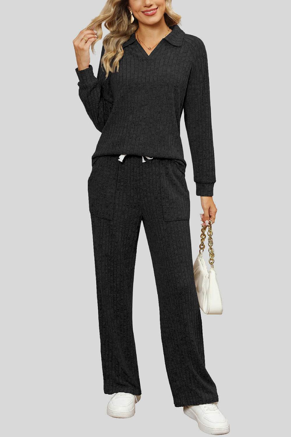 Ribbed Long Sleeve Top and Pocketed Pants Set - DaTrendStore.Com