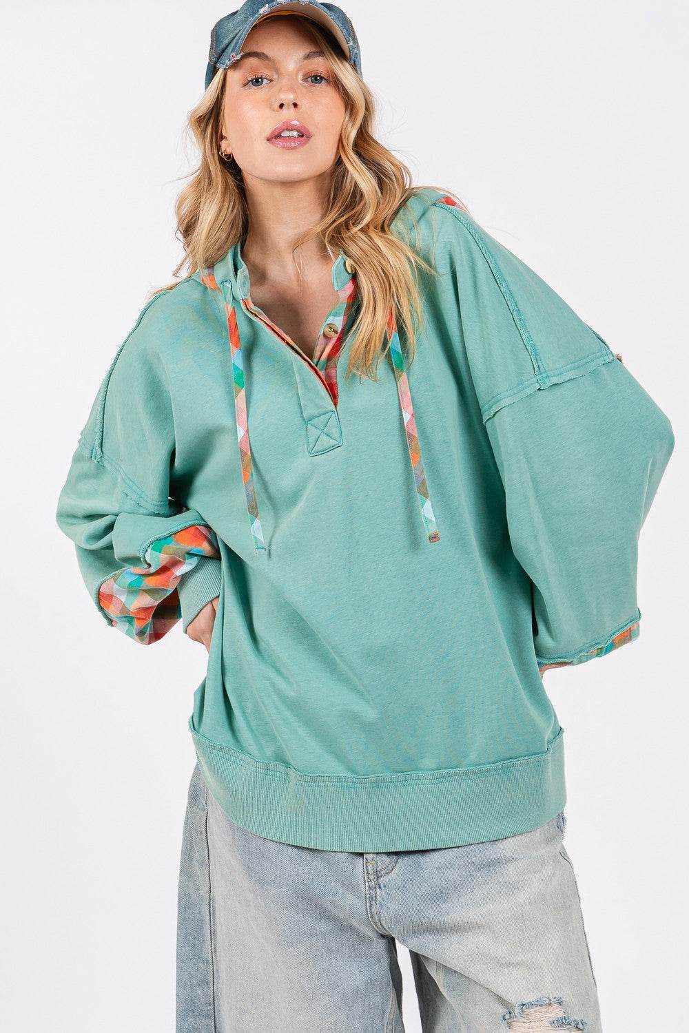 SAGE + FIG Full Size Plaid Print Washed Hoodie - DaTrendStore.Com