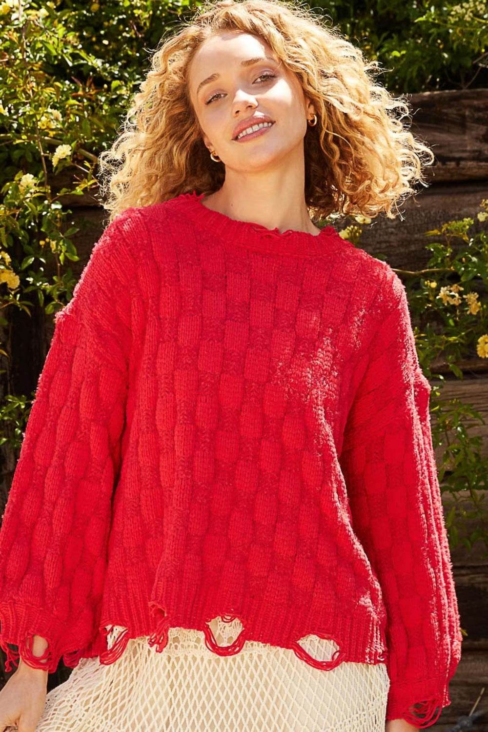 POL Checkered Distressed Edge Sweater - DaTrendStore.Com