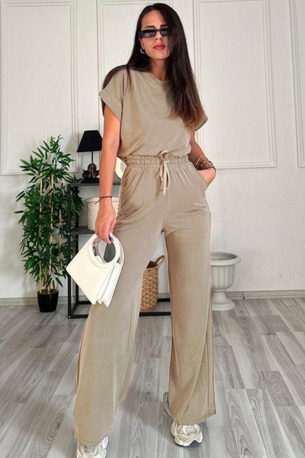 Round Neck Short Sleeve Top and Drawstring Pants Set - DaTrendStore.Com