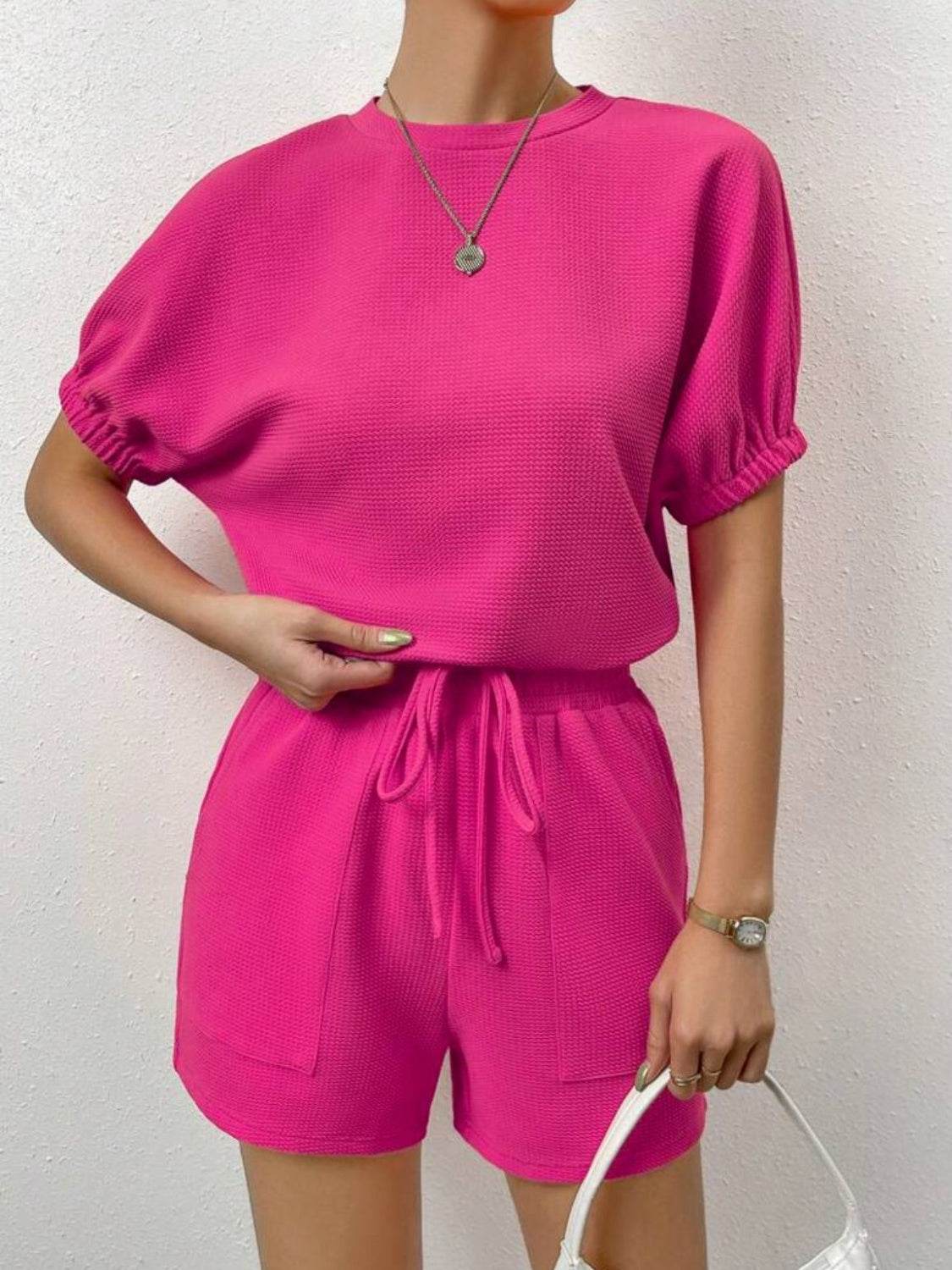Waffle-Knit Round Neck T-Shirt and Pocketed Shorts Lounge Set - DaTrendStore.Com
