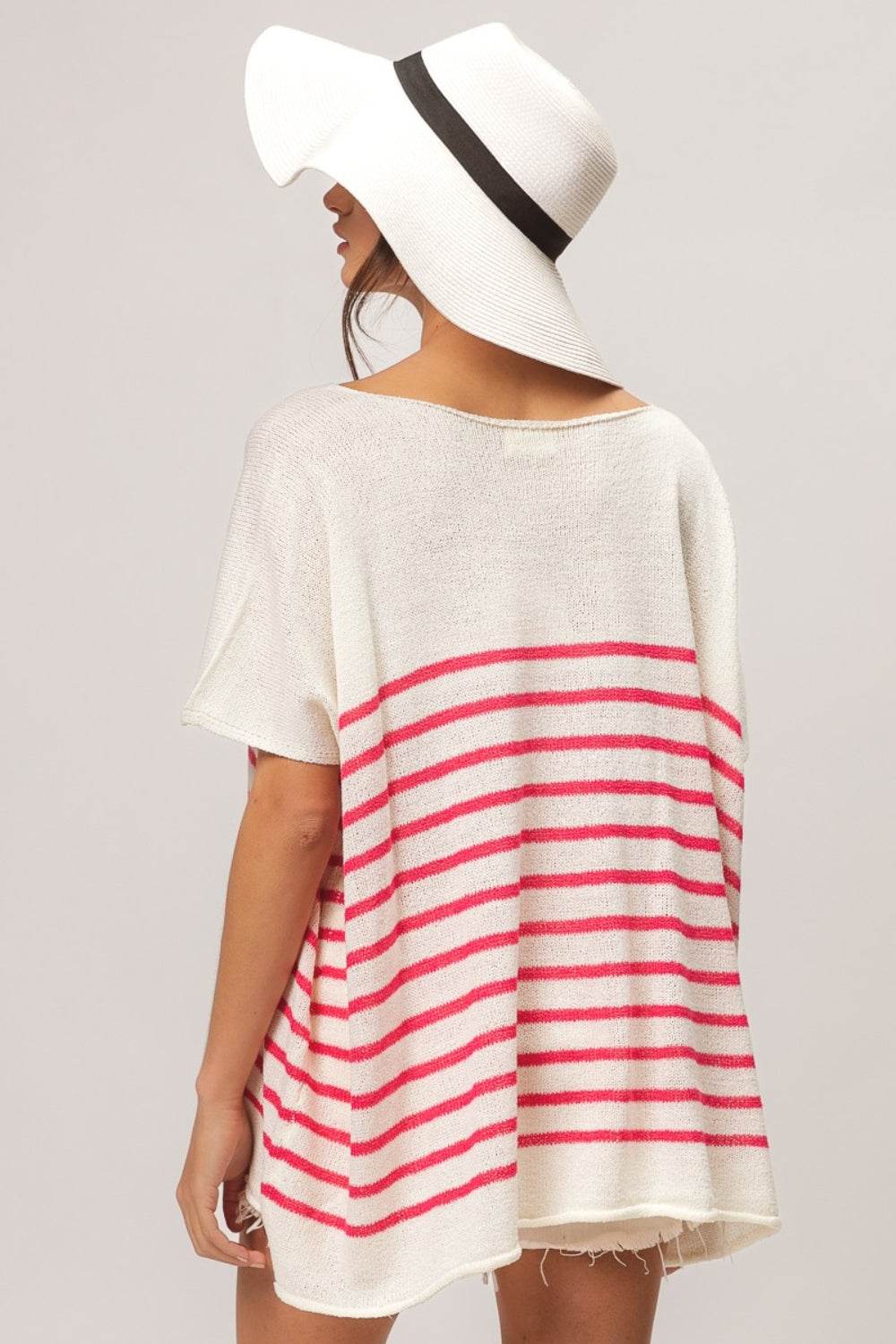 BiBi V Neck Striped Short Sleeve Top - DaTrendStore.Com