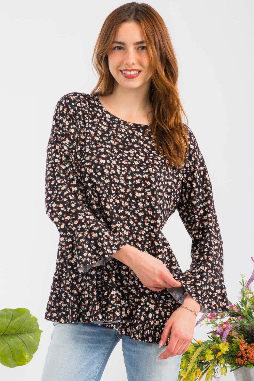 Celeste Full Size Floral Ruffle Detail Top - DaTrendStore.Com